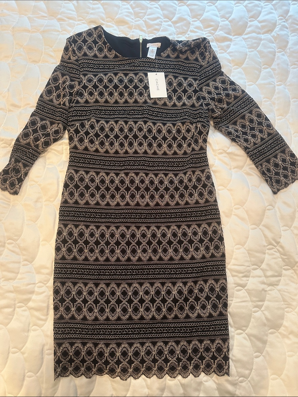 Cache Black and Cream Lace-Pattern Long Sleeve Sheath Dress